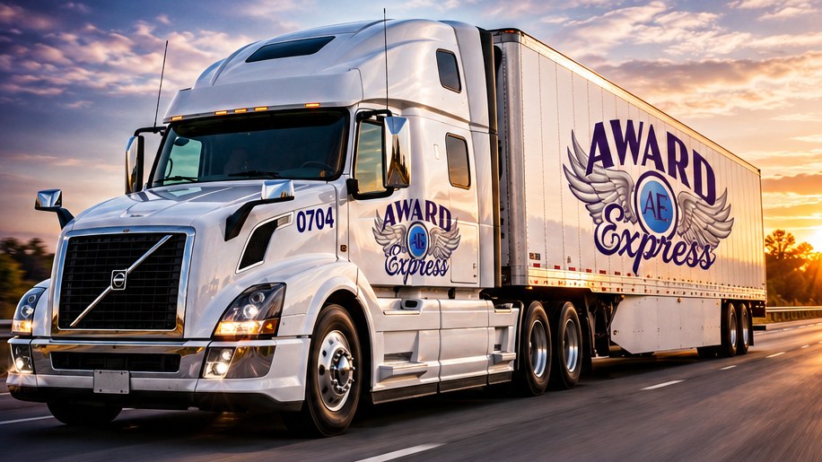Concept artwork of a white Volvo tractor marked 0704 with Award Express branding